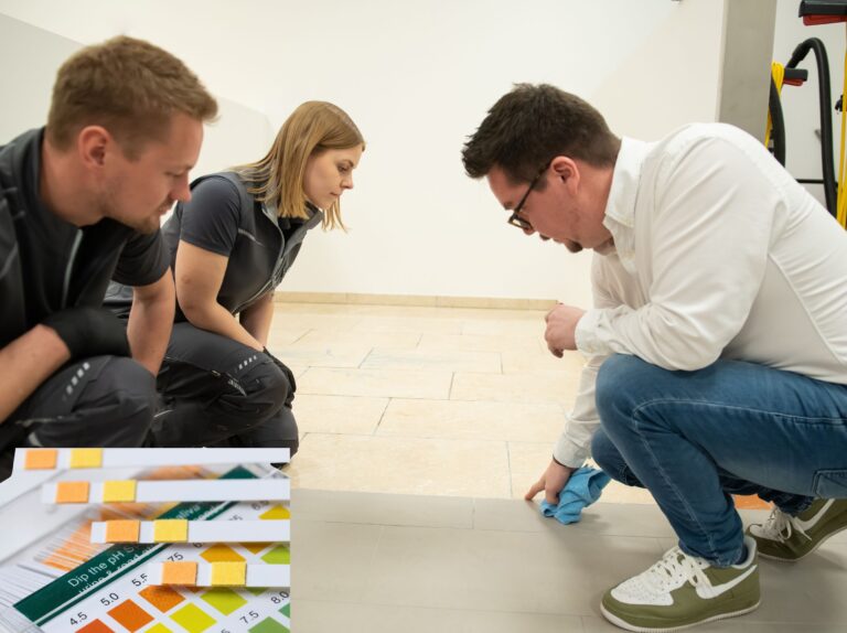 pH-Test auf Marmor und Granit zur Auswahl materialschonender Reinigungsmittel