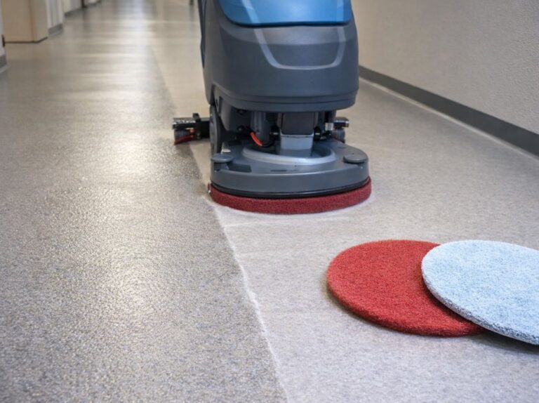 Intensivreinigung elastischer Bodenbeläge mit Scheuersaugmaschine und geeigneten Pads