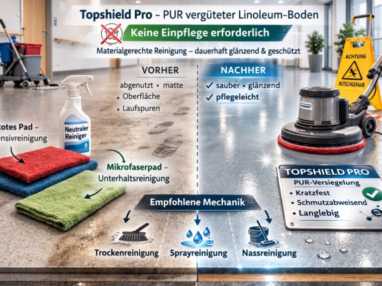 PUR vergüteter elastischer Boden Topshield Pro materialgerechte Reinigung ohne klassische Einpflege