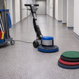 Reinigungsverfahren für elastische Bodenbeläge mit Einscheibenmaschine und Pads im Objekt