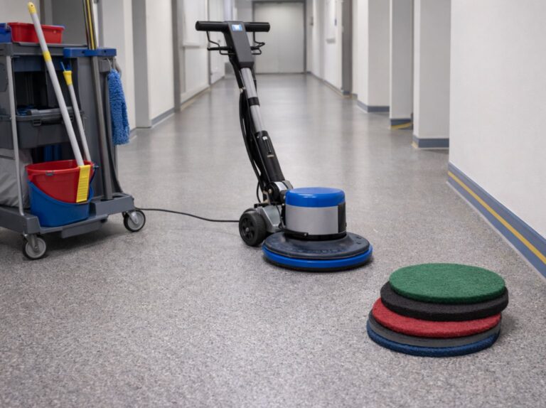 Reinigungsverfahren für elastische Bodenbeläge mit Einscheibenmaschine und Pads im Objekt