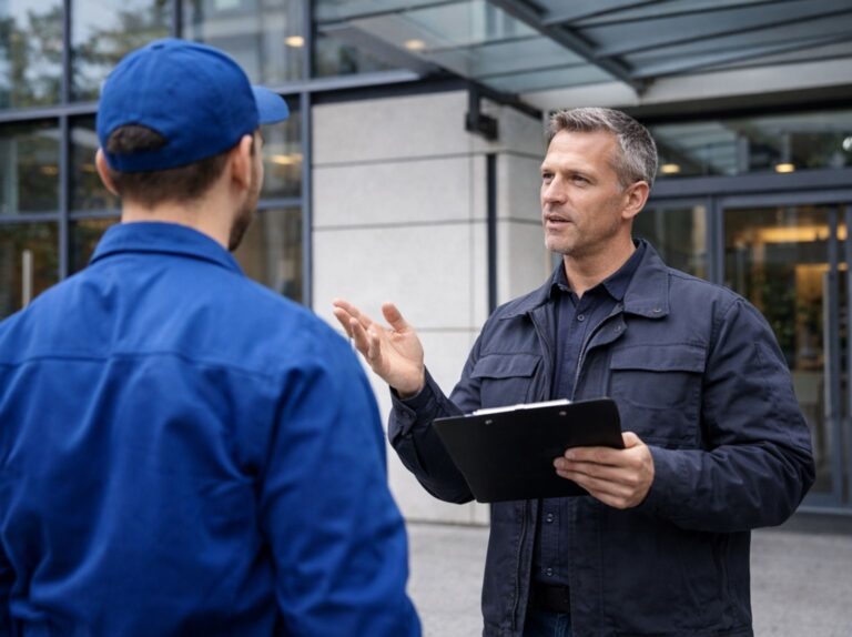 Meister oder qualifizierte Fachkraft der Gebäudereinigung bei der Besprechung eines Reinigungskonzepts vor einem modernen Gebäude