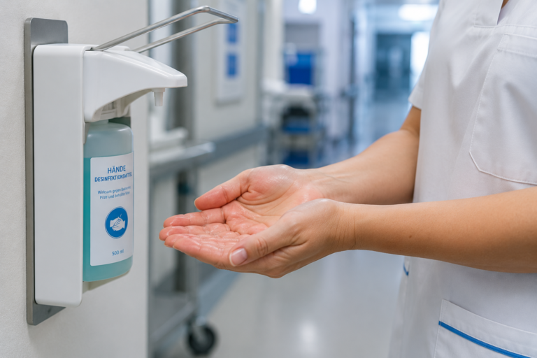 Flächendesinfektion im Krankenhaus – fachgerechte Wischdesinfektion von Arbeitsflächen in Gesundheitseinrichtungen.