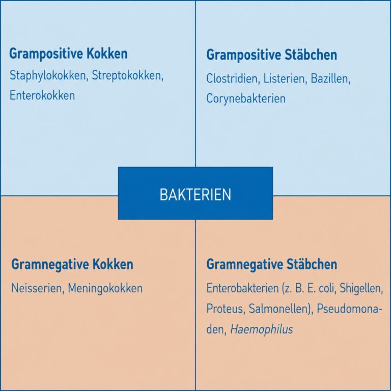 Grafik zur Einteilung von Bakterien in grampositive und gramnegative Kokken und Stäbchen