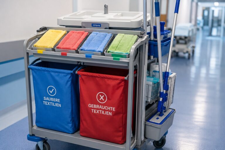 Reinigungswagen im Krankenhaus – hygienische Trennung von Mopps und Tüchern in der professionellen Gebäudereinigung.