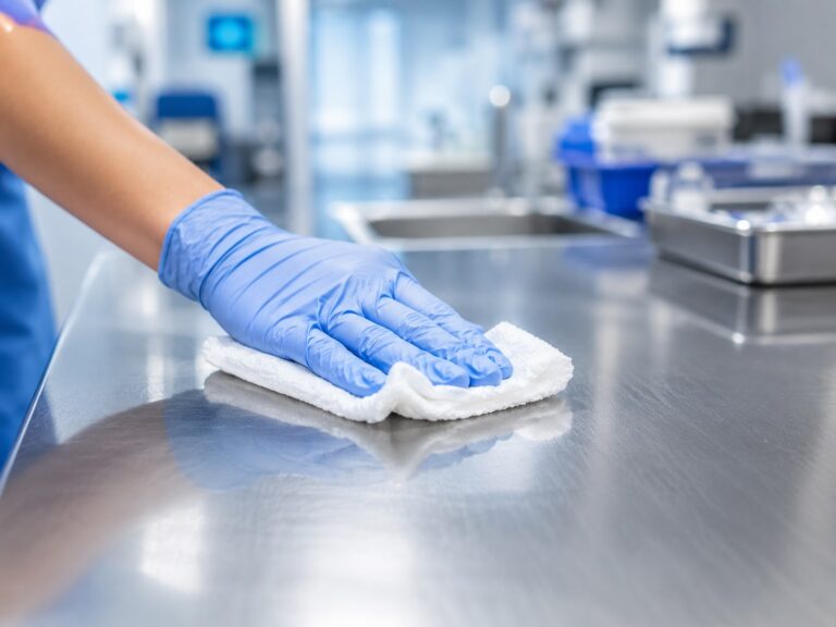 lächenhygiene im Krankenhaus – professionelle Gebäudereinigung mit Reinigungswagen und hygienisch getrennten Materialien.