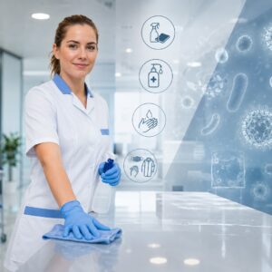 Professionelle Reinigungskraft in hygienischer Arbeitskleidung vor einer Darstellung der Bereiche Reinigung, Desinfektion, Händehygiene und Schutzkleidung.
