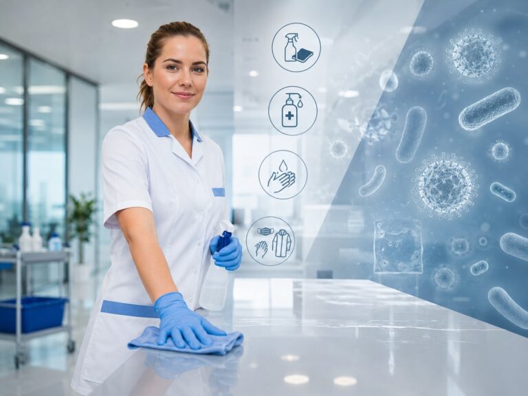 Professionelle Reinigungskraft in hygienischer Arbeitskleidung vor einer Darstellung der Bereiche Reinigung, Desinfektion, Händehygiene und Schutzkleidung.