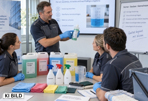 Fachliche Schulung von Reinigungstechnikern zur sicheren Anwendung von Reinigungschemie in der Gebäudereinigung