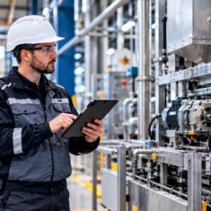 Gebäudereiniger beurteilt Verschmutzungen und Oberflächen vor der professionellen Industriereinigung einer Produktionsanlage