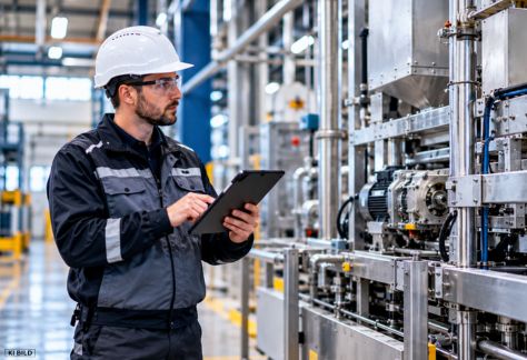 Gebäudereiniger beurteilt Verschmutzungen und Oberflächen vor der professionellen Industriereinigung einer Produktionsanlage