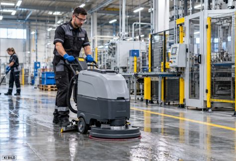 Planung der professionellen Industriereinigung zwischen Gebäudereiniger und Industriebetrieb in einer Produktionshalle