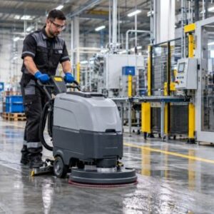 Planung der professionellen Industriereinigung zwischen Gebäudereiniger und Industriebetrieb in einer Produktionshalle
