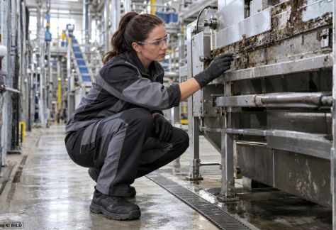 Professionelle Industriereinigung durch Gebäudereiniger in einer Produktionshalle mit Maschinen und Industrieanlagen (2)