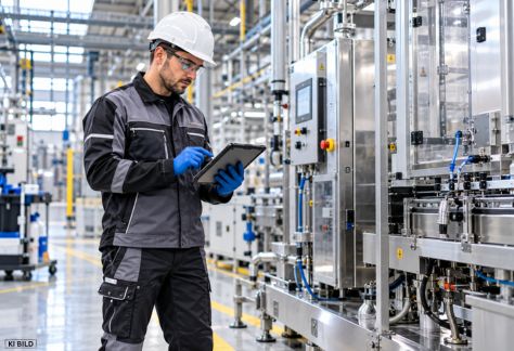 Professionelle Industriereinigung eines Industriebodens mit Scheuersaugmaschine in einer Produktionshalle