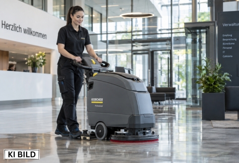 Professionelle maschinelle Bodenreinigung mit Scheuersaugmaschine bei der Unterhaltsreinigung
